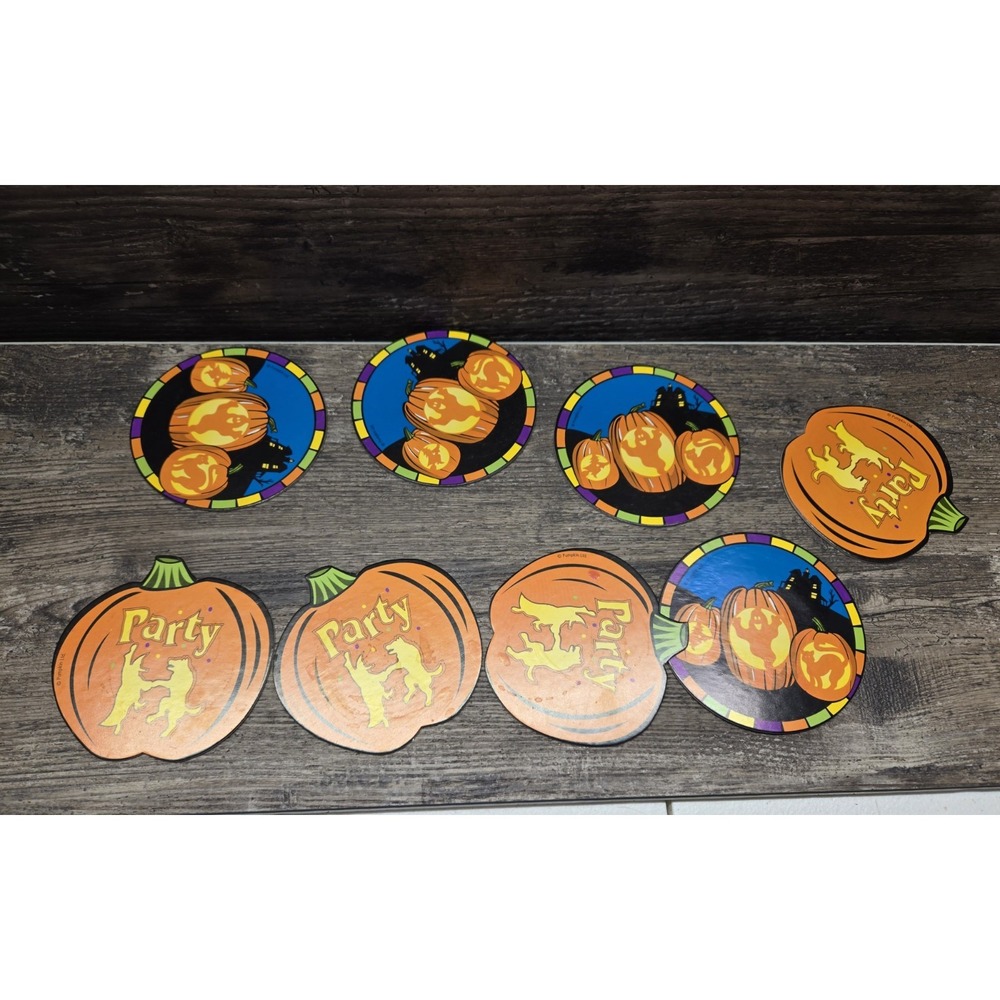 Vintage Halloween round Pumpkins coasters paper lot 8 orange black 1990's